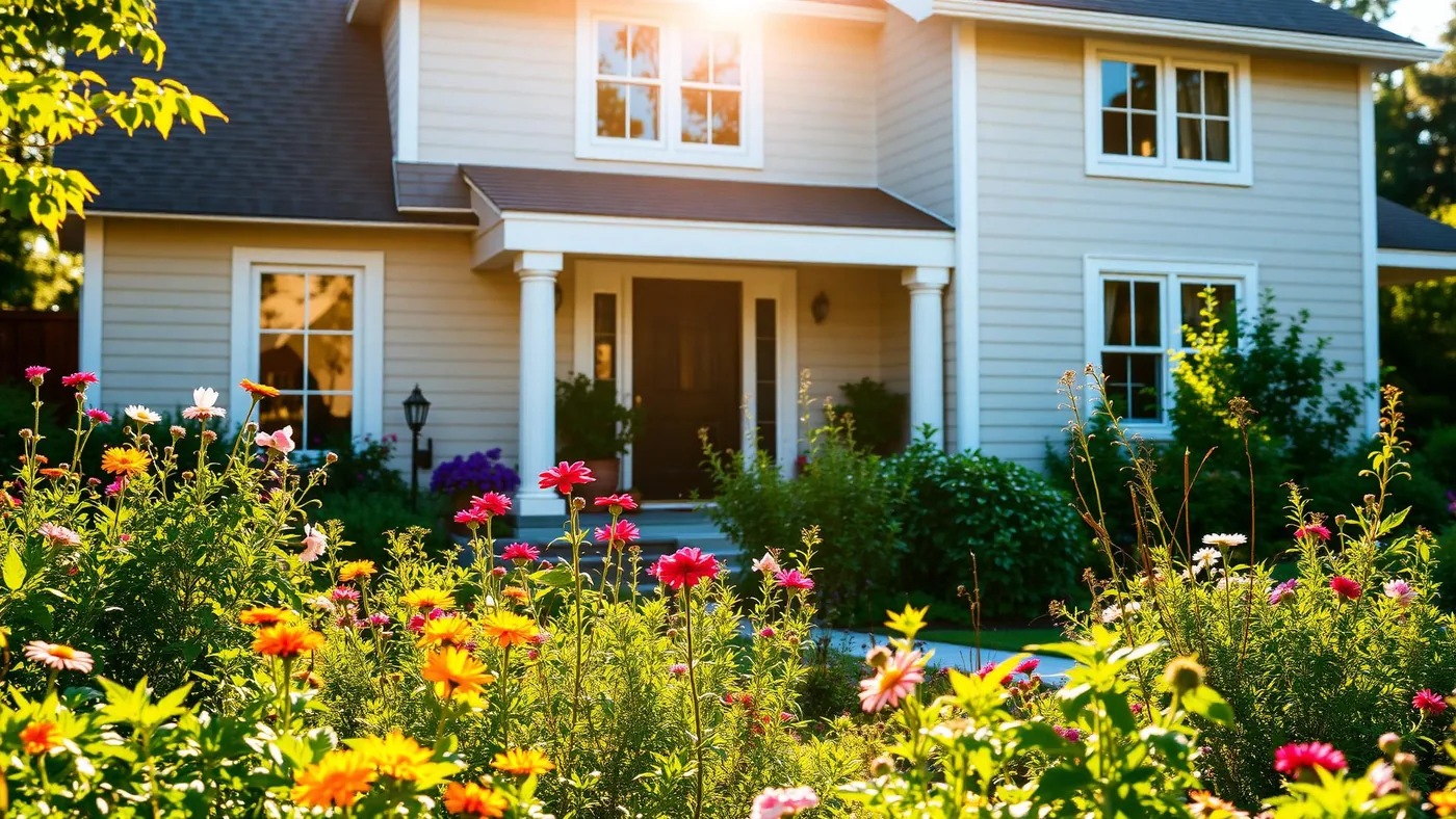 Sunlit American home with a flowering front garden in bloom