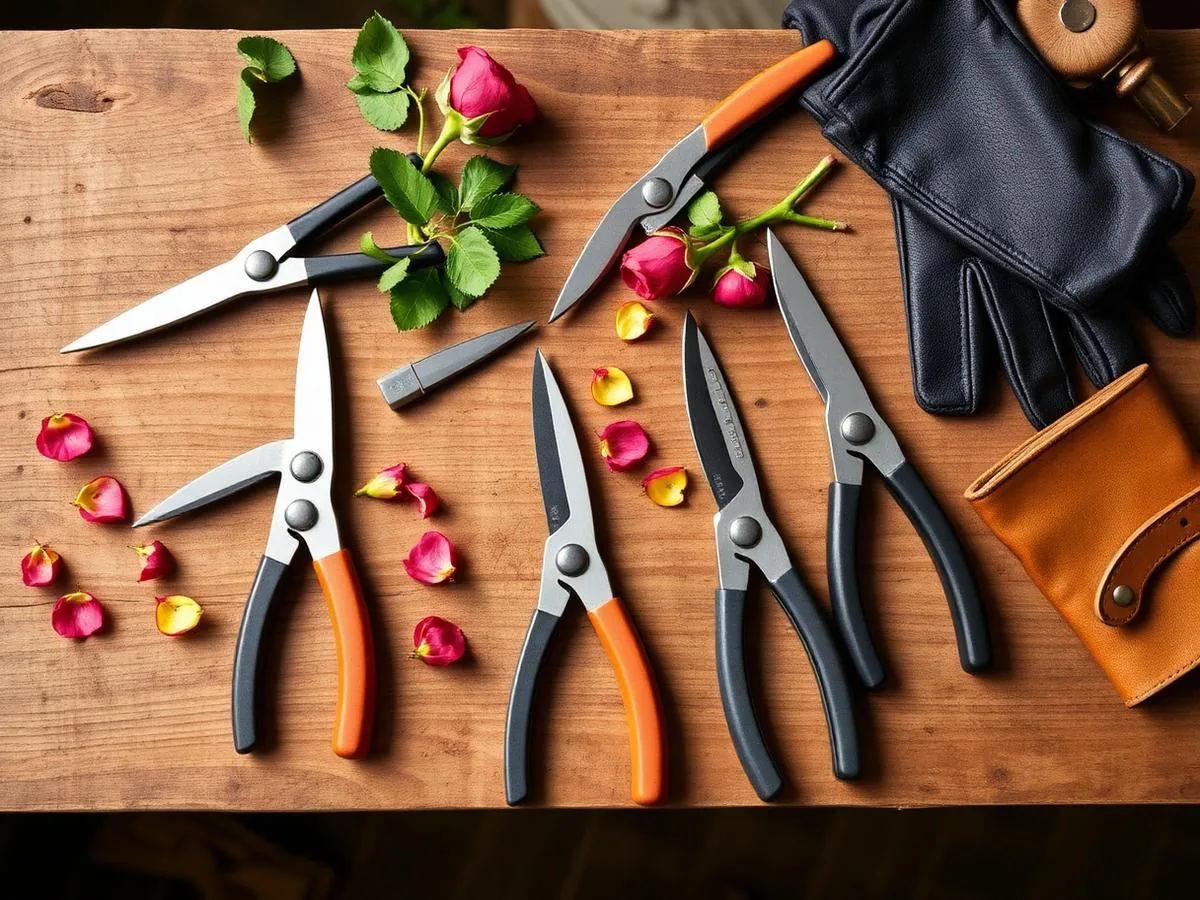 A row of pruning shears laid out on a wooden table next to freshly cut rose stems