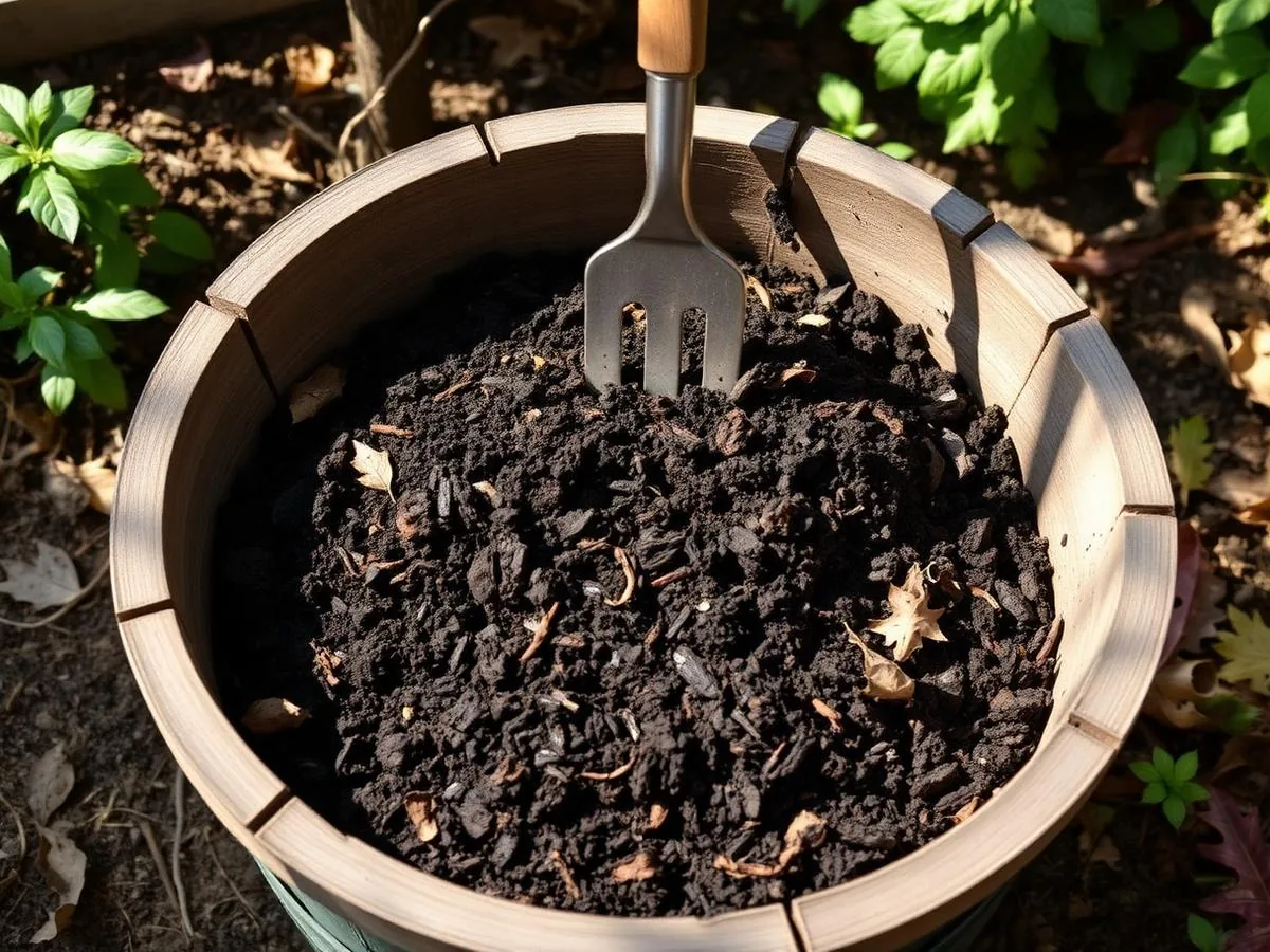 Gardener turning dark, crumbly finished compost with a pitchfork in a wooden backyard bin