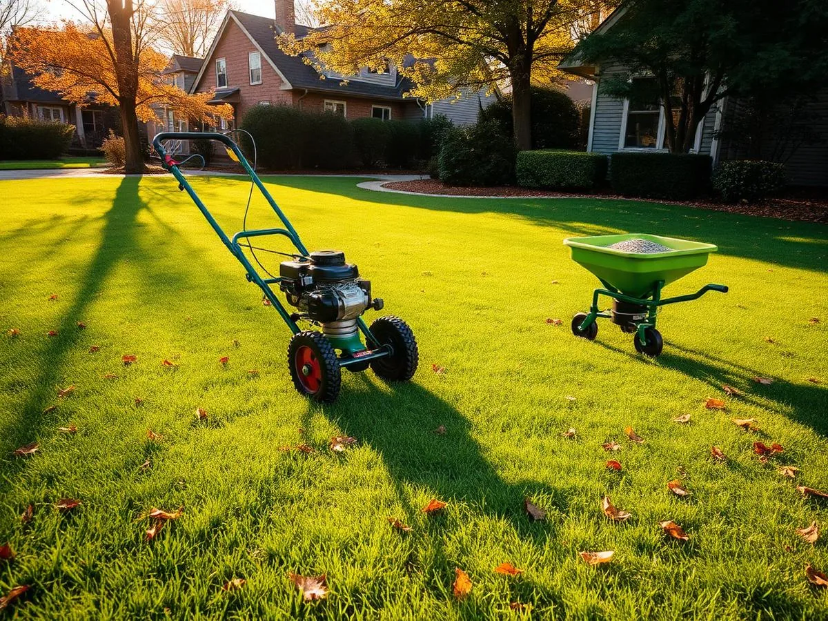 Homeowner using a push spreader to overseed a lawn covered in fallen autumn leaves