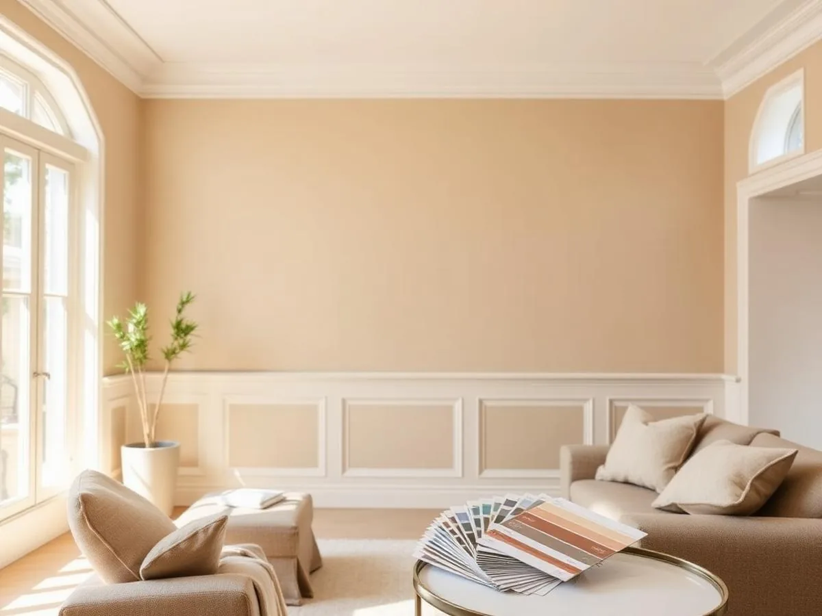 A bright, airy living room painted in a soft warm white with natural light pouring in