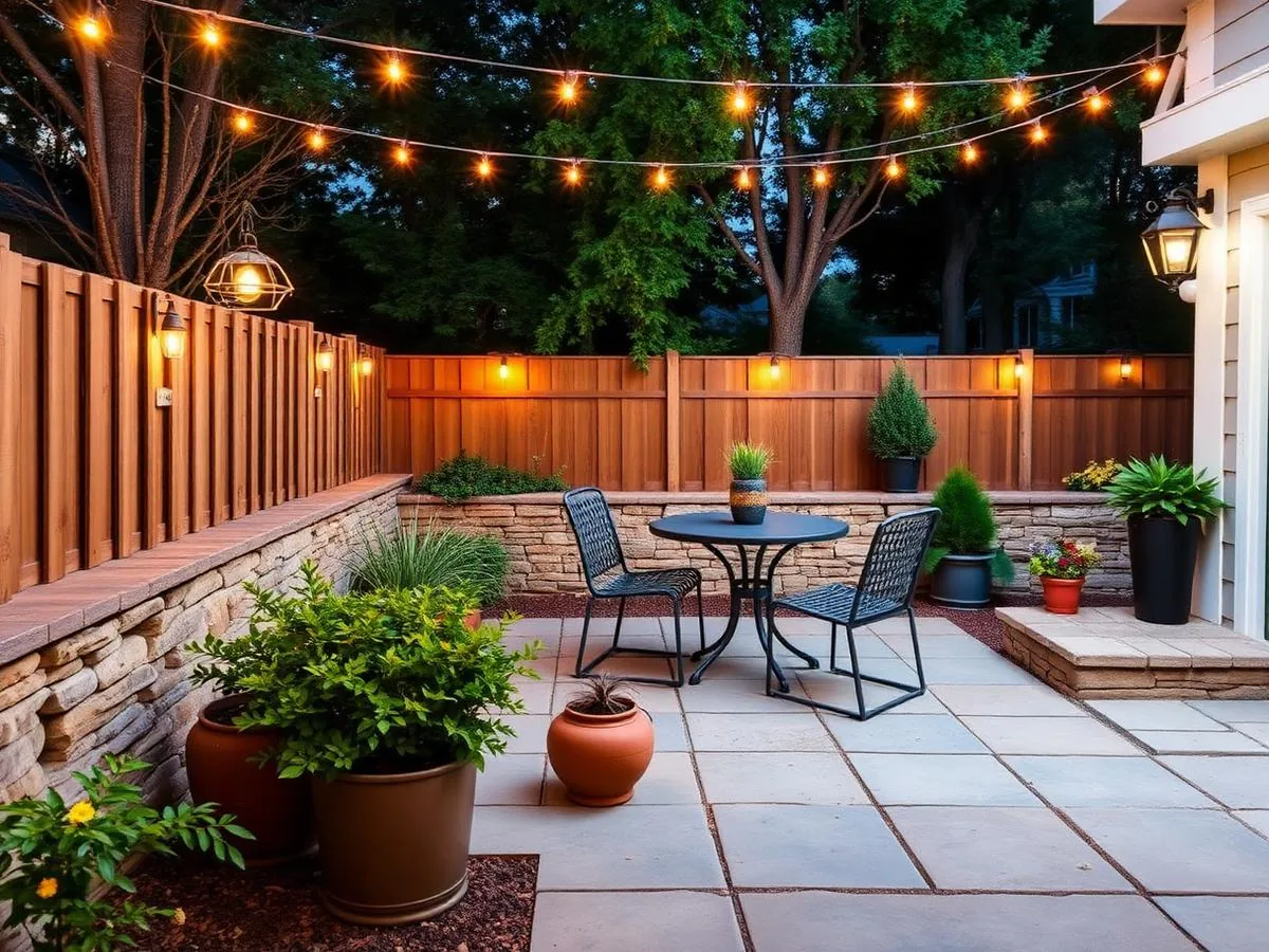 Compact backyard patio with pavers, a bistro table, potted plants and warm string lights at dusk
