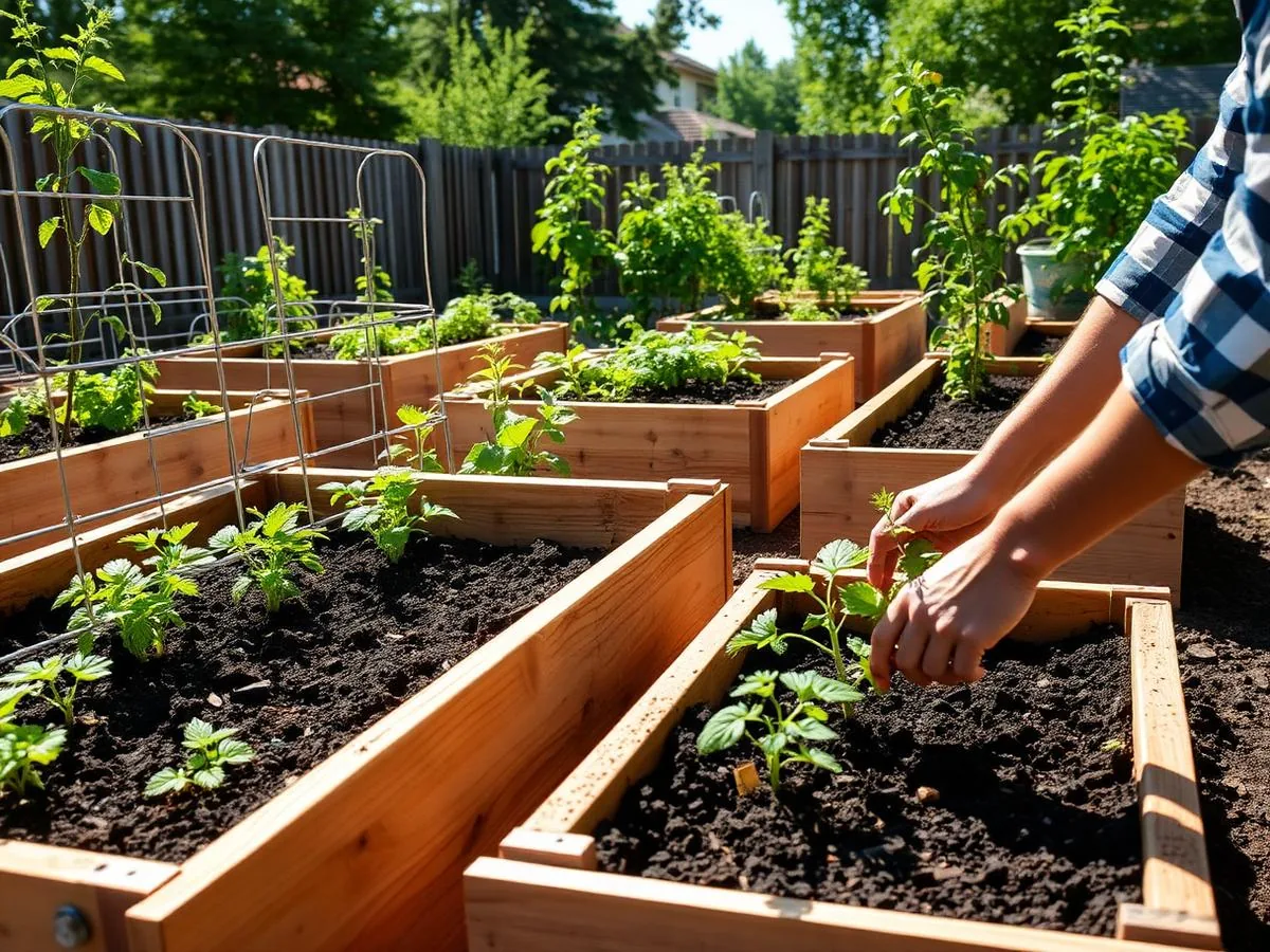 Cedar raised garden beds filled with tomato, lettuce, and pepper plants in a backyard vegetable garden