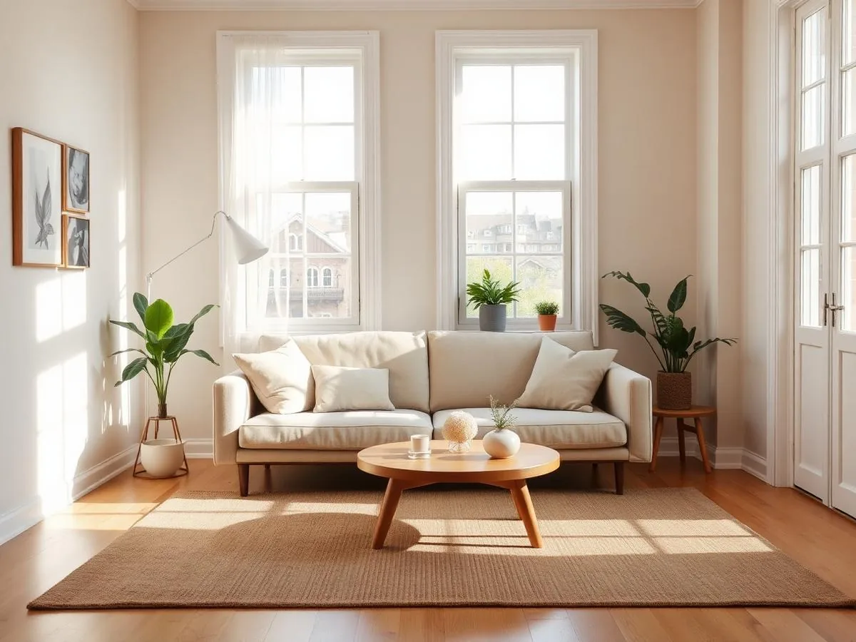 A small living room arranged with a loveseat, slim console, and mirror to maximize visual space