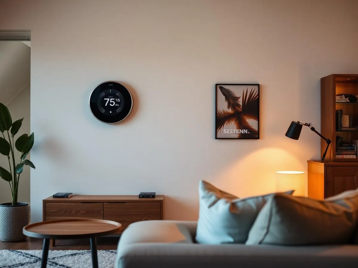 A row of smart home devices including a smart speaker, thermostat, and video doorbell on a console table
