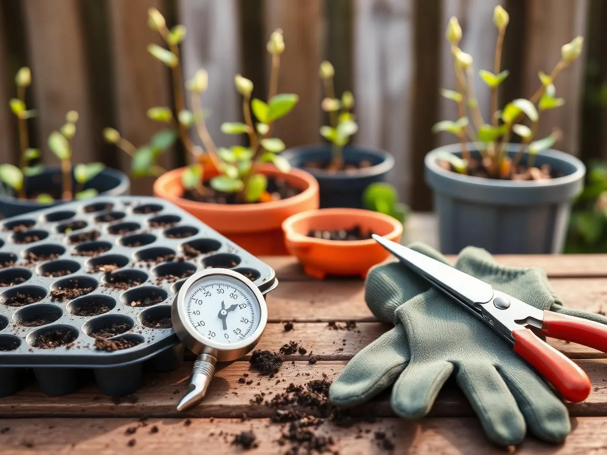 Gardener kneeling beside a raised bed, testing soil temperature with a probe thermometer in early spring