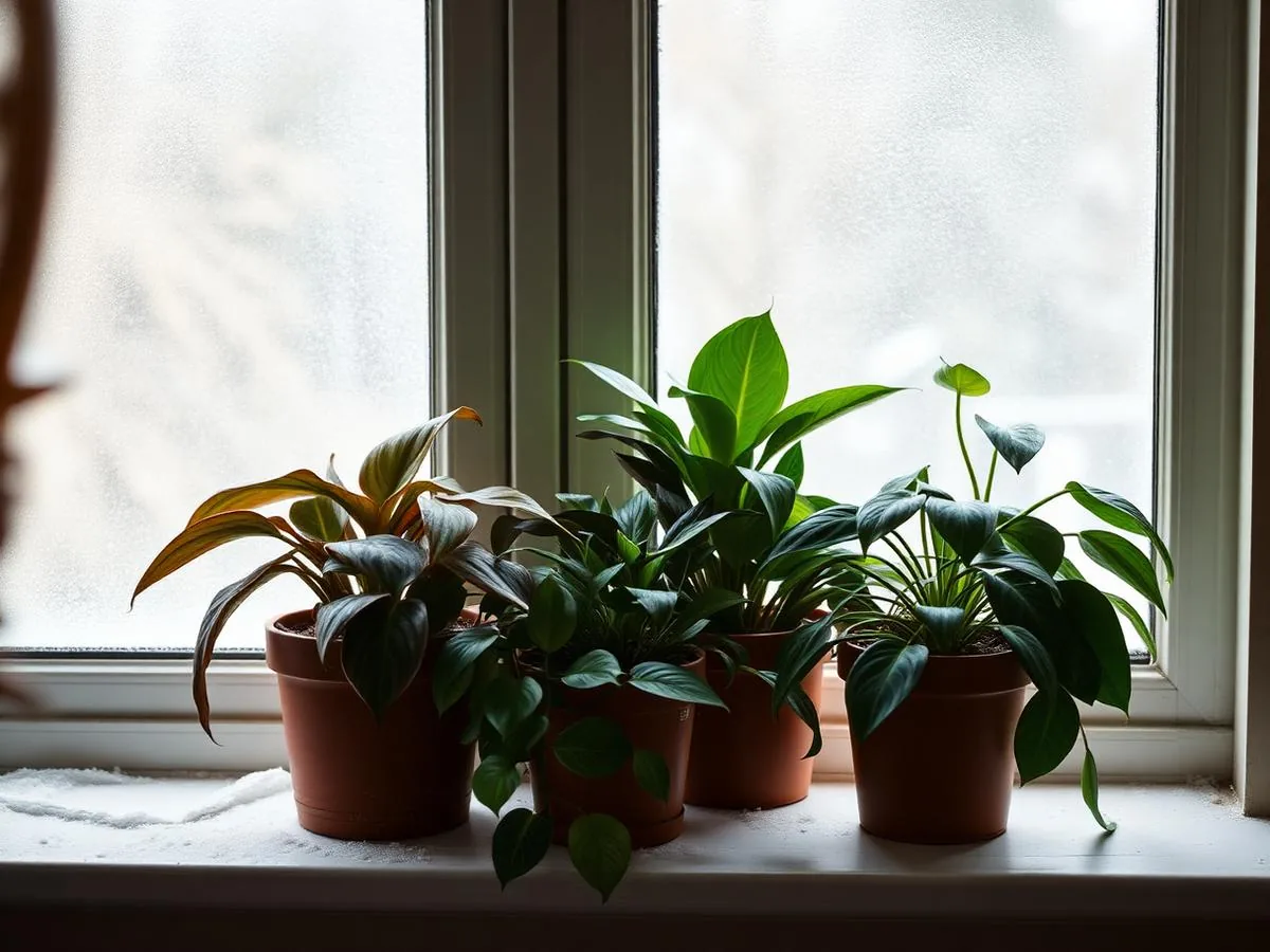 A collection of houseplants on a windowsill with winter light streaming through the glass
