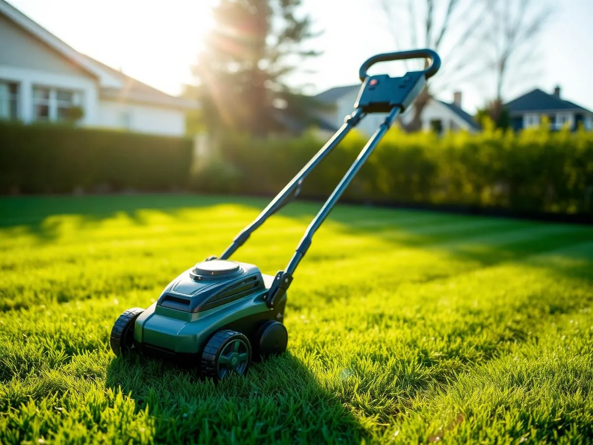 Verdant V2 21-inch cordless self-propelled lawn mower parked on a green lawn with battery inserted