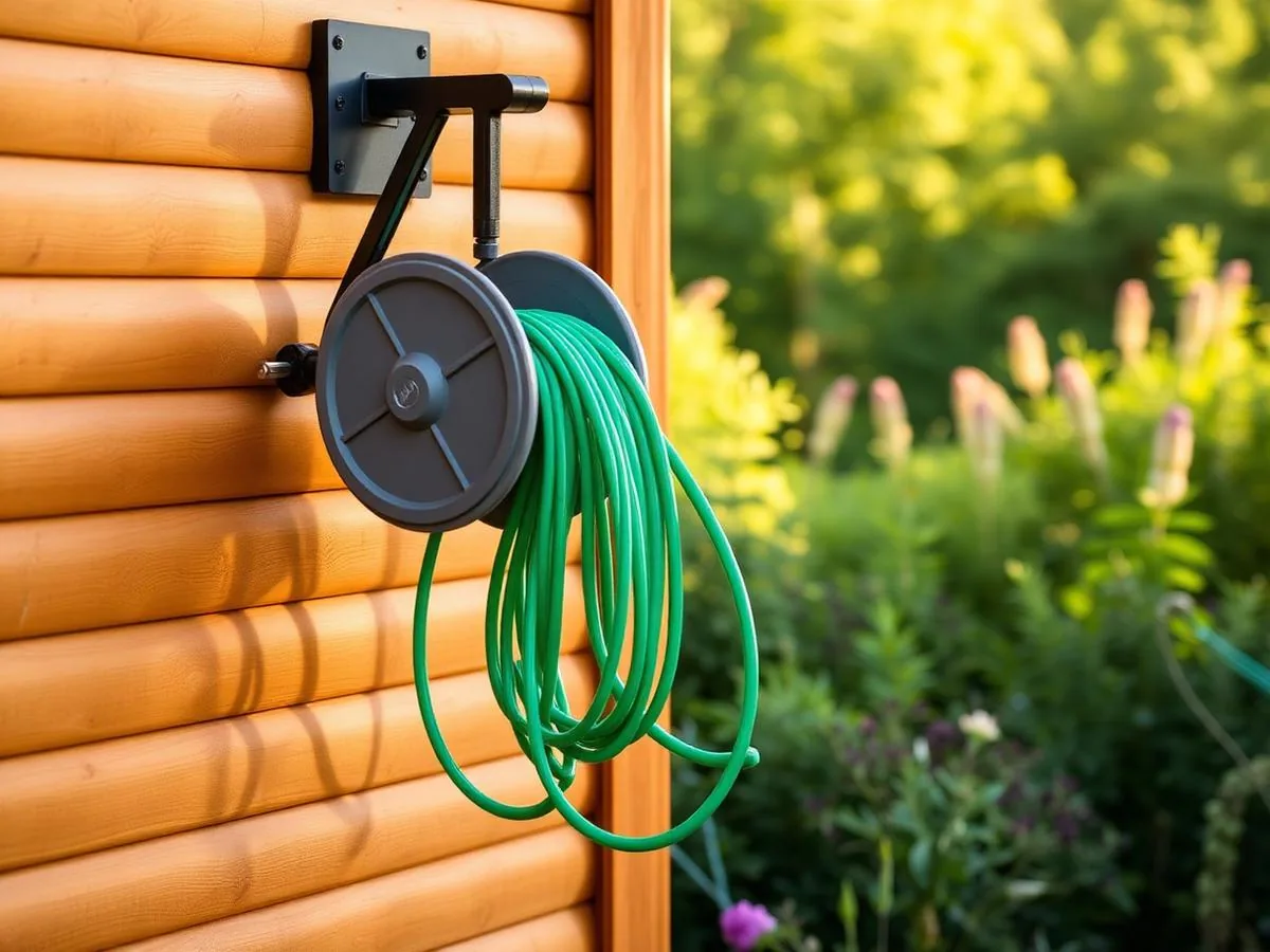 Cascade Pro 100 wall-mounted retractable garden hose reel with hose extended across a lawn
