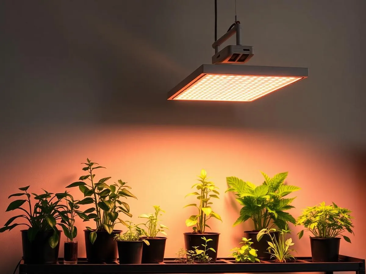 Solvana Spectra full-spectrum LED grow light panel mounted above a shelf of indoor plants and seedlings
