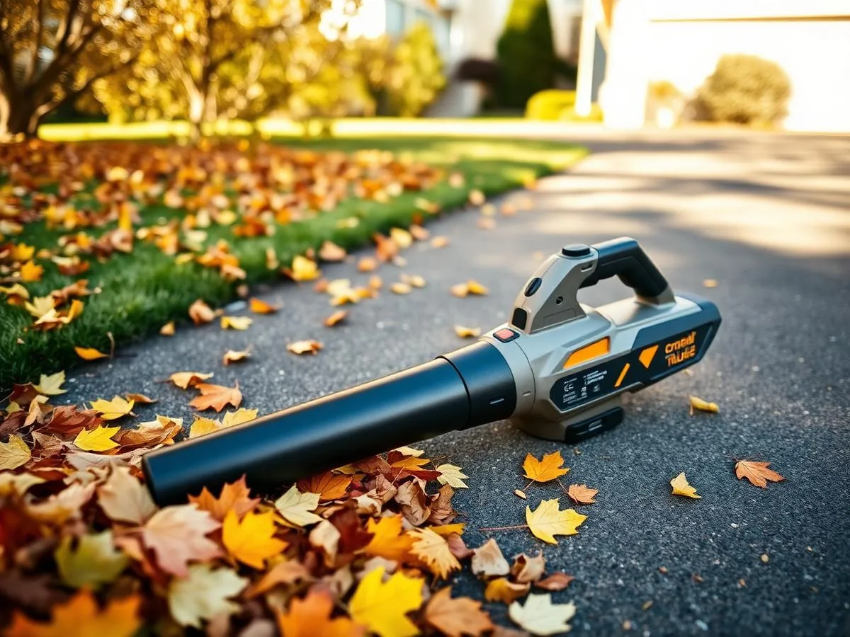 AeroGust X1 cordless handheld axial leaf blower with battery pack clearing leaves off a driveway