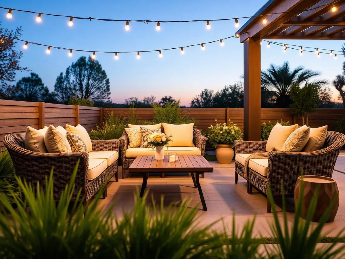 Coastal Haven 4-piece all-weather wicker patio conversation set on a backyard patio with cushions