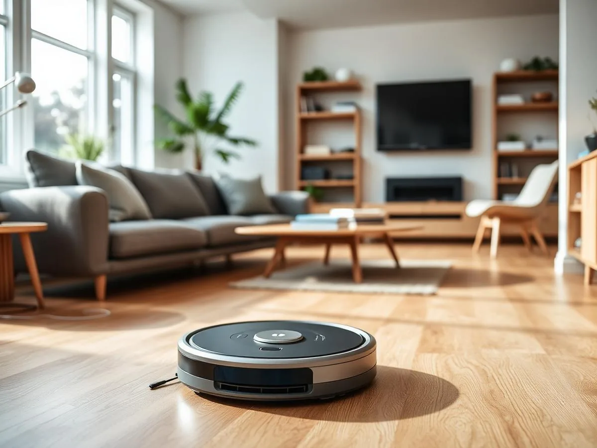 Aurelia NavBot 9 robot vacuum docked at its self-emptying charging base in a living room